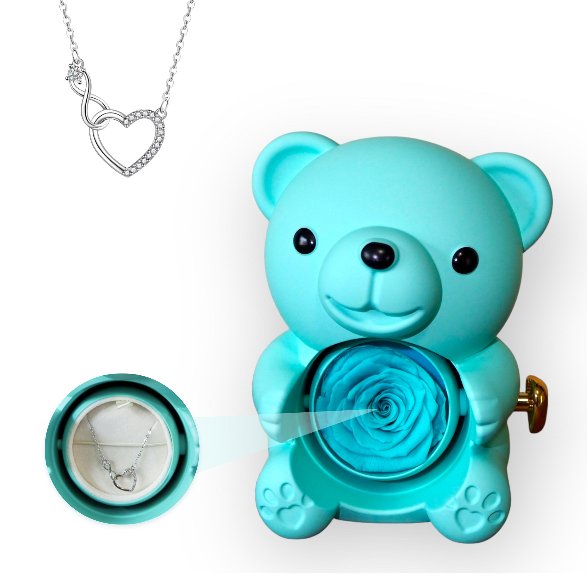 Urso Rotativo c/ Rosa Eterna e Colar Amor Infinito