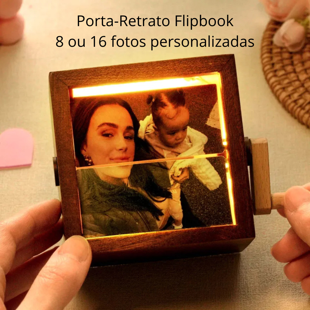 Porta-Retrato Flipbook Personalizado com Luz – Álbum Mecânico de Manivela para Presentes Incríveis de Dia das Mães
