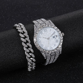 Relógio Masculino e Pulseira Cravejada - Kit de Luxo - Floraza