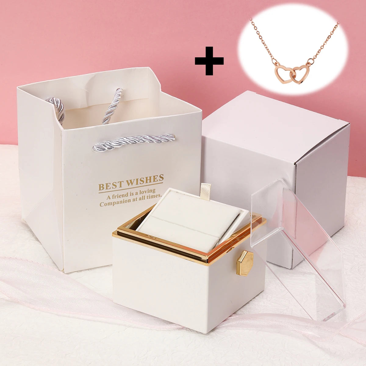 Floraza™ - Colar Dois Corações + Caixa Rotativa de Brinde - Cor Branca