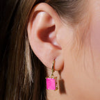 Brinco Dourado Argolinha Pedra Retangular Rosa